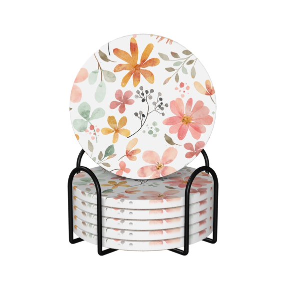 XMXY Drink Coasters with Holder for Coffee Table, Colorful Petal Print Absorbent Ceramic Cups Coaster Sets 6 Pack, 4 Inches Round Shape