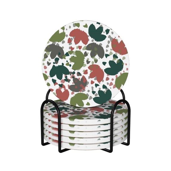 XMXY Drink Coasters with Holder for Coffee Table, Colourful Modern Leaves Absorbent Ceramic Cups Coaster Sets 6 Pack, 4 Inches Round Shape