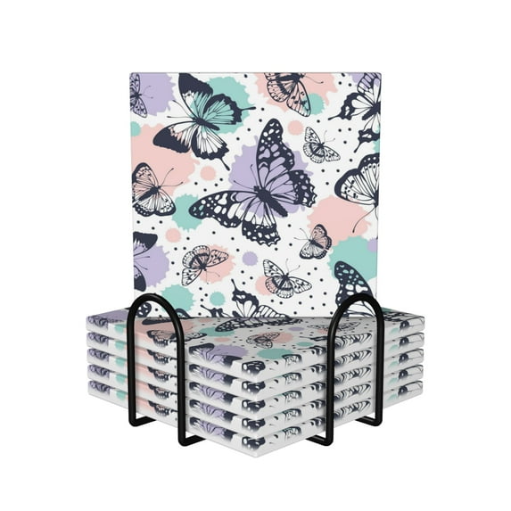 XMXY Drink Coasters with Holder for Coffee Table, Cute Butterflies Pattern Absorbent Ceramic Cups Coaster Sets 6 Pack, 4 Inches Square