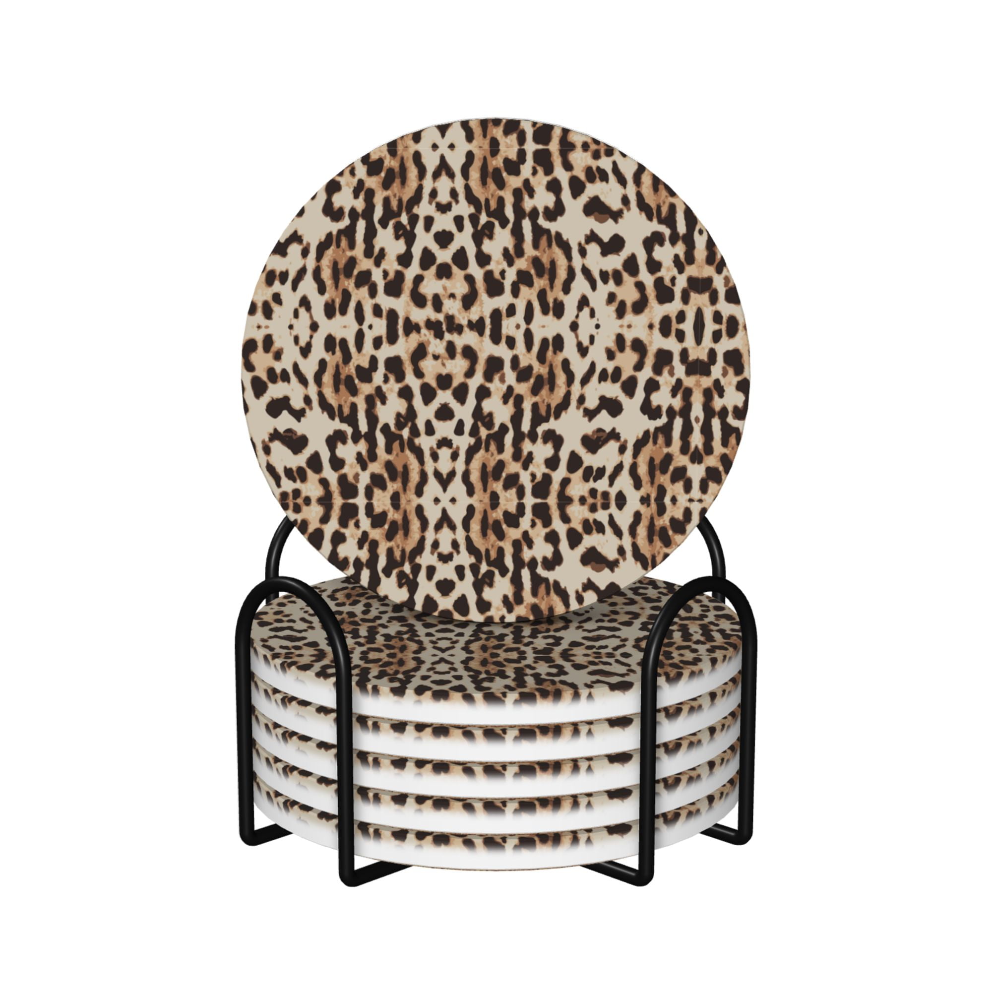 Core Home Leopard Print Drink Coasters - Set Of 4, Round Fabric & Wood, 3.75 Inch