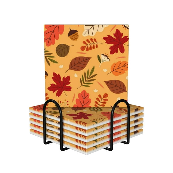 XMXY Drink Coasters with Holder for Coffee Table, Forest Cartoon Leaves Absorbent Ceramic Cups Coaster Sets 6 Pack, 4 Inches Square