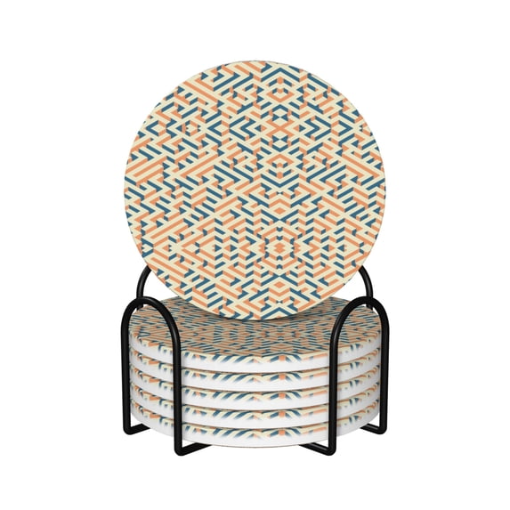 XMXY Drink Coasters with Holder for Coffee Table, Geometric Endless Labyrinthine Absorbent Ceramic Cups Coaster Sets 6 Pack, 4 Inches Round Shape