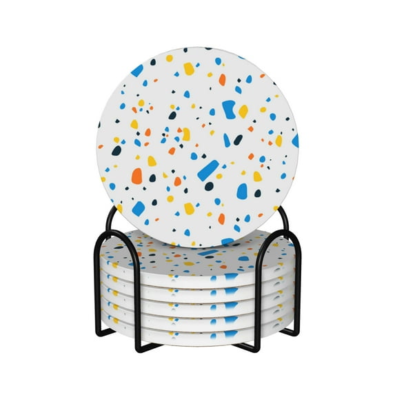 XMXY Drink Coasters with Holder for Coffee Table, Orange Blue Terrazzo Form Absorbent Ceramic Cups Coaster Sets 6 Pack, 4 Inches Round Shape