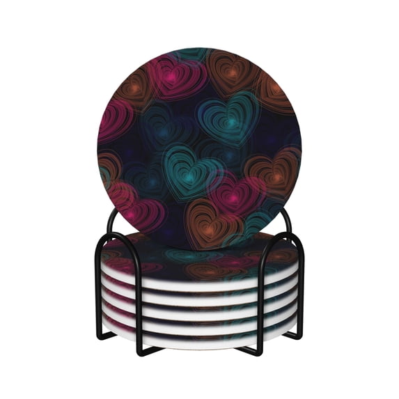 XMXY Drink Coasters with Holder for Coffee Table, Romantic Love Multicolored Hearts Absorbent Ceramic Cups Coaster Sets 6 Pack, 4 Inches Round Shape