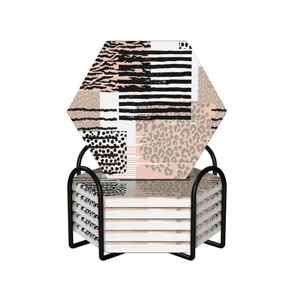 XMXY Drink Coasters with Holder for Coffee Table, Trendy Multicolor Animal Textures Absorbent Ceramic Cups Coaster Sets 6 Pack, 4 Inches Hexagon