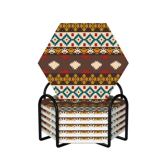 XMXY Drink Coasters with Holder for Coffee Table, Vintage Ethnic Tribal Stripe Absorbent Ceramic Cups Coaster Sets 6 Pack, 4 Inches Hexagon