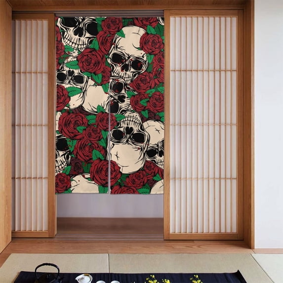 XMXY Japanese Doorway Curtain Noren, Colorful Blooming Roses Sugar Skulls Door Closet Curtain Panel, Room Dividers Privacy Tapestry, 34 x 56 Inches