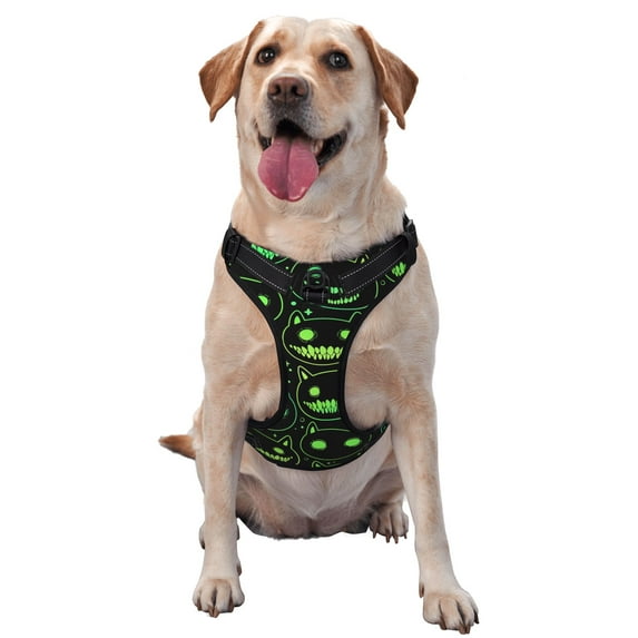 XMXY No Pull Dog Harness, Face Monster Green Adjustable Reflective Pet Harness with Oxford Vest, Medium Size