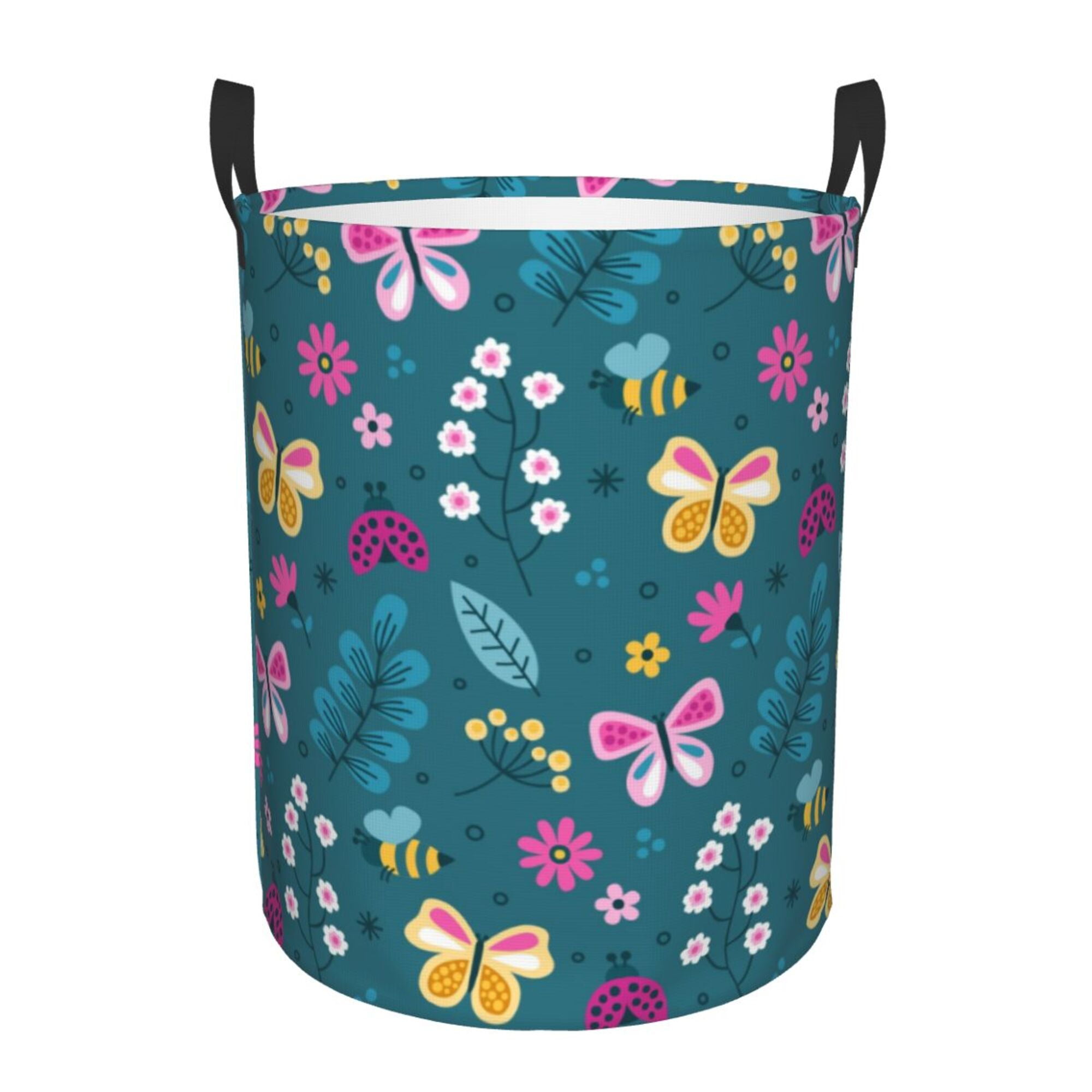 XMXY Round Laundry Basket Organizer, Blue Leaves Flower Waterproof