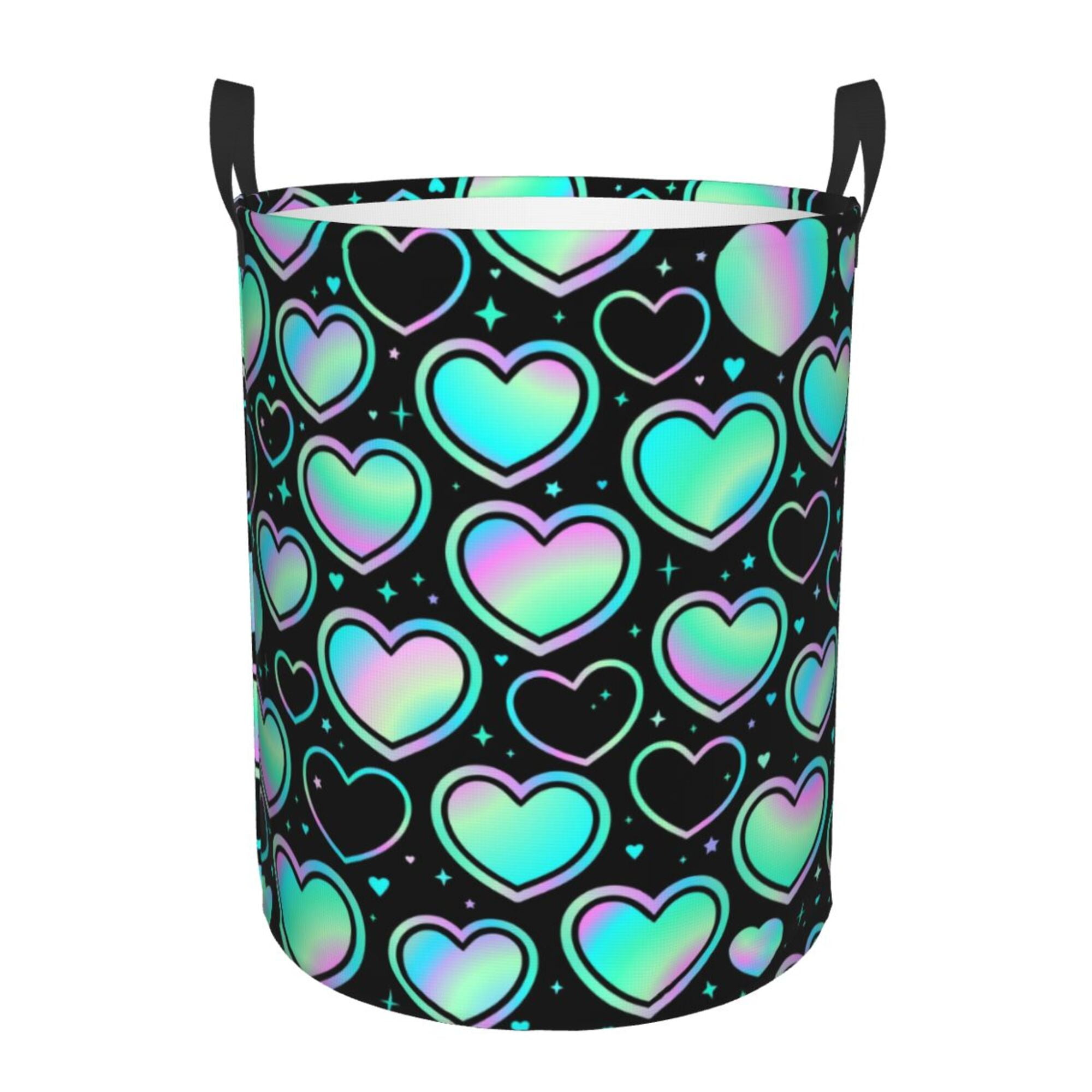 XMXY Round Laundry Basket Organizer, Colorful Sparkling Heart Waterproof Collapsible Dirty