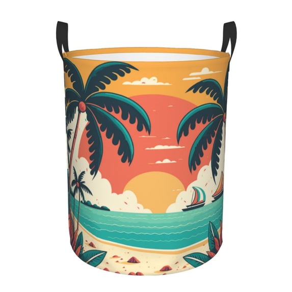 XMXY Round Laundry Basket Organizer, Tropical Beach Landscapes Sunset Waterproof Collapsible Dirty Clothes Basket Laundry Hamper, Small Size