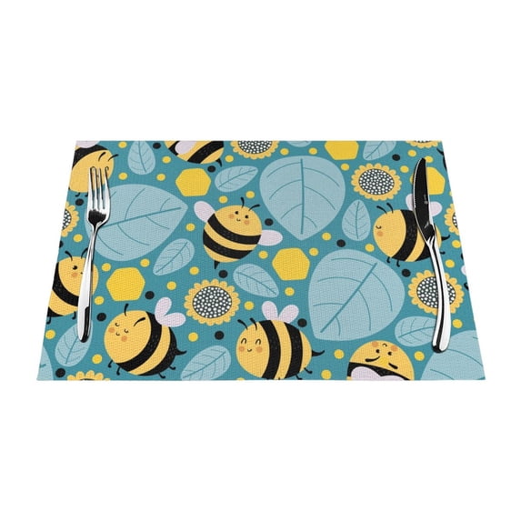 XMXY Woven Placemats Set of 4 PCS, Cartoon Bumble Bee Sunflower Table Mats Washable Heat Resistant Placemats
