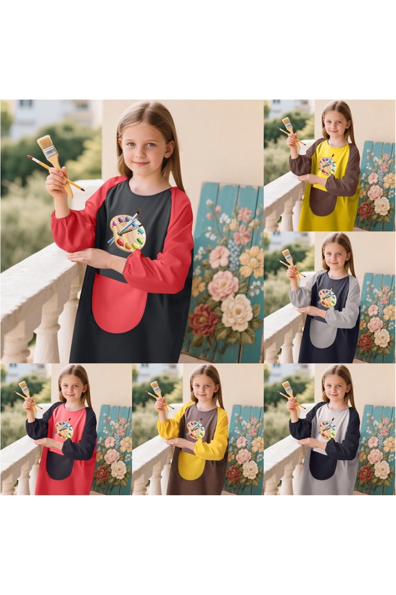 Boys Tshirts Spill Proof Drawing Smock Blouses with Pocket for Messy Play Crewneck Long Sleeve Patchwork Tops