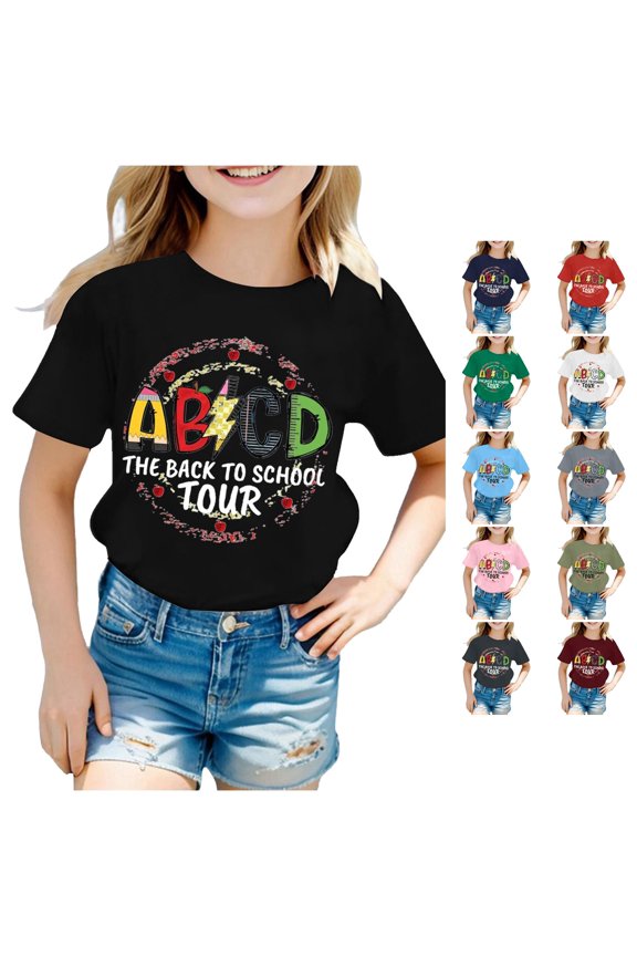 Girls Shirts Happy School Time Pattern Print Blouse Summer Kids Smart Classroom Outfits Crewneck Short Sleeve Top