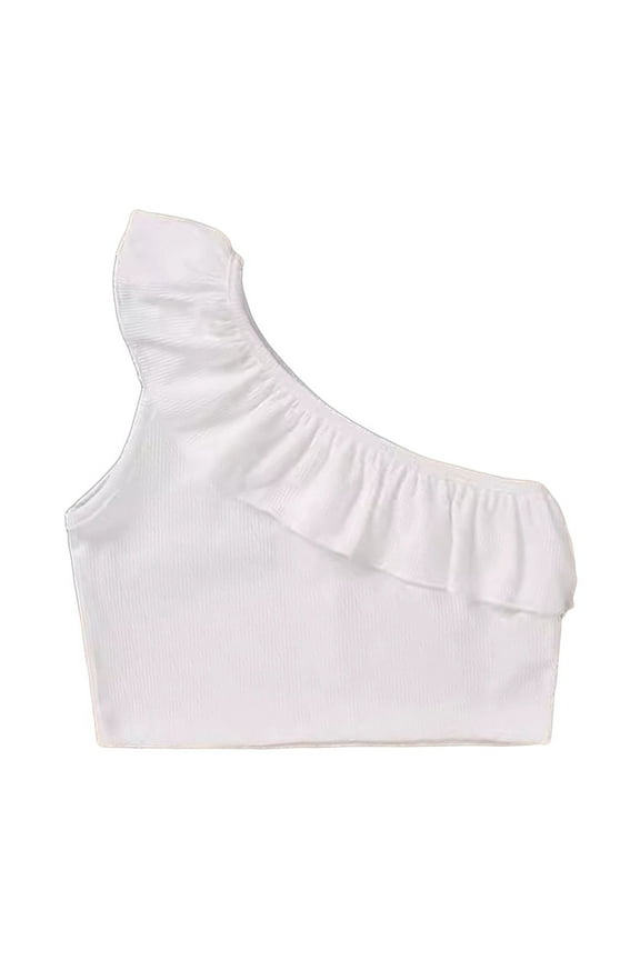 Girls Shirts One Shoulder Ruffle Cami Summer Kids Solid Color Fashion Inner Base Tank Off Shoulder Sleeveless Blouse