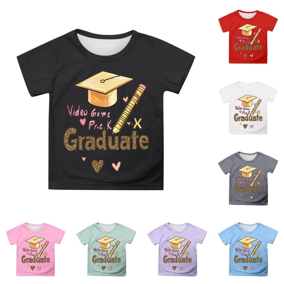XMYRZ Girls Shirts Smart School Graduation Party Cartoon Tee Summer Kids Fashion Performance Blouse Crewneck Short Sleeve Top