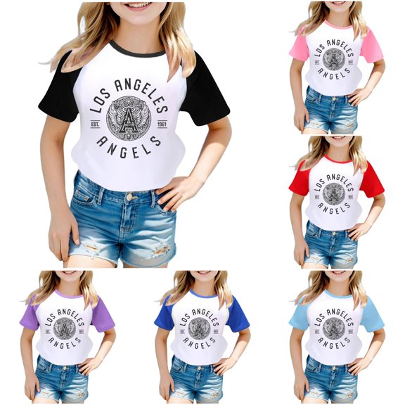 XMYRZ Girls Shirts Uni Boys Raglan Color Block Graphic Tee Summer Kids Casual Playground Outfits Crewneck Short Sleeve Blouse