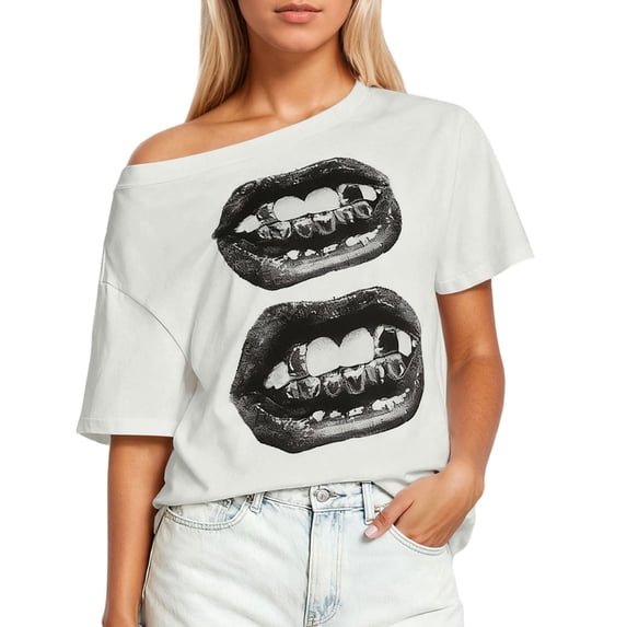 XMYRZ Off The Shoulder Shirts for Women Lips Graphic Printed Cute Oversized T shirts Short Sleeve Y2k Baggy Tees Vintage Tops
