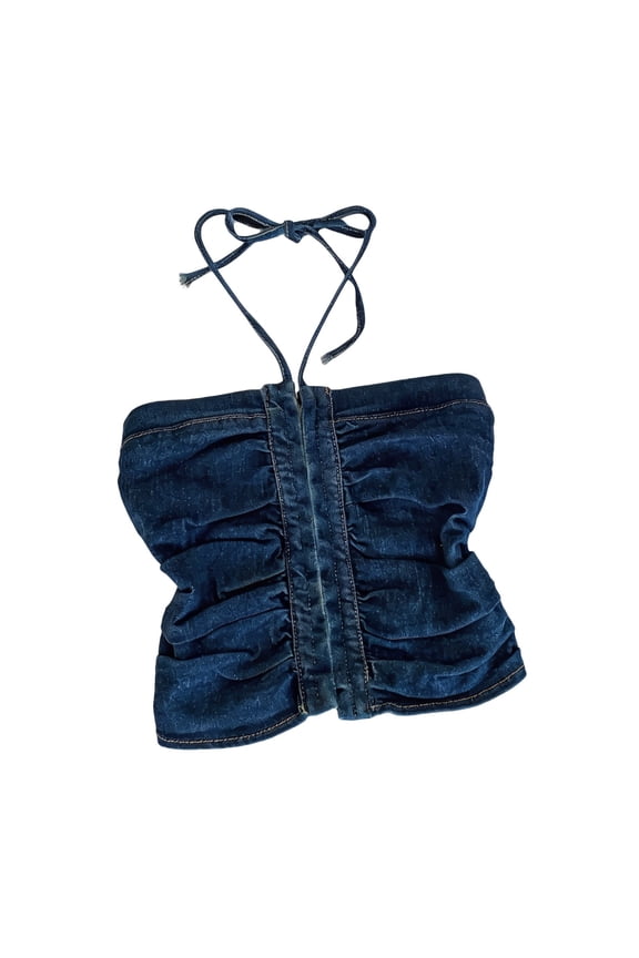 Girl Tops Halter Denim Tube Vest Ruffle Trim Slim Fit Zipper Back Summer Blouse Halter Neck Sleeveless Jeans Top