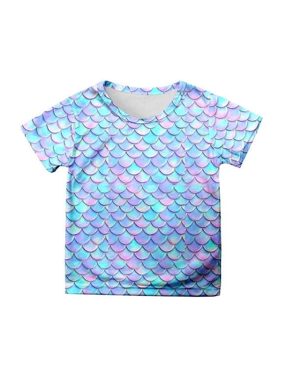 Girl Tops Shimmering Tail Graphic Shirts Summer Kids Cute Aquarium Trip Blouse Crewneck Short Sleeve Tee