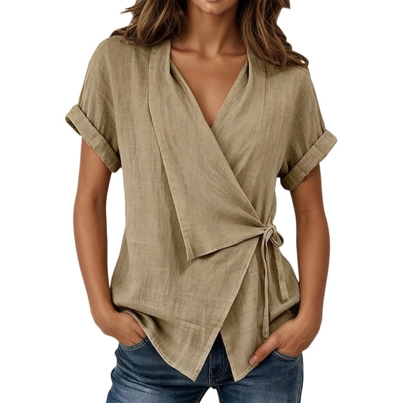 XMYRZ Women's V Neck Tees Short Sleeve Wrap Top Front Tie Casual Blouse Loose Fit Work Shirts Summer Tops Beach Vacation Outfits
