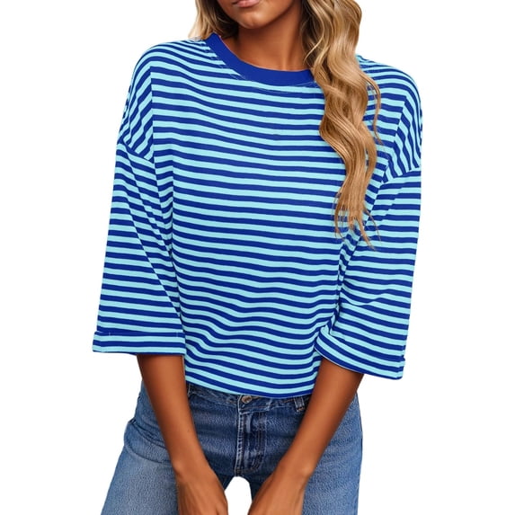 XMYRZ Womens Tops 2026 Striped Tie Back Short Sleeve T Shirts Crewneck Casual Loose Fit Basic Tee Summer Outfits