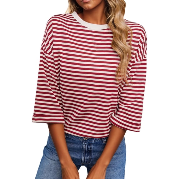XMYRZ Womens Tops 2026 Striped Tie Back Short Sleeve T Shirts Crewneck Casual Loose Fit Basic Tee Summer Outfits