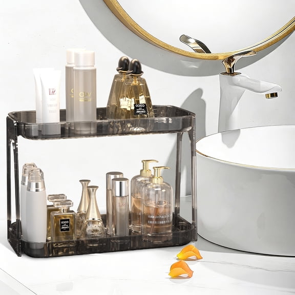 XMZHOU 2-Tier Bathroom Counter Makeup Organizer for Storage Cosmetic Stationery Storage Holder Multifunctional Plastic Transparent Grey Rack for Bedroom, Offices, Bathroom, Kitchen