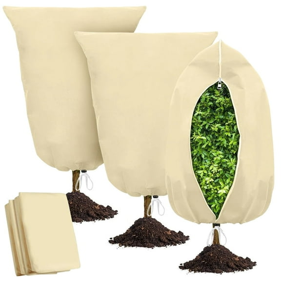 XMZHOU 3Pcs Plant Covers Freeze Protection With Zipper Drawstring, Reusable Winter Frost Blanket Pest Protection Bags For Trees, Non-Woven Plant Protection Cover Bags - Sturdy And Durable, Beige