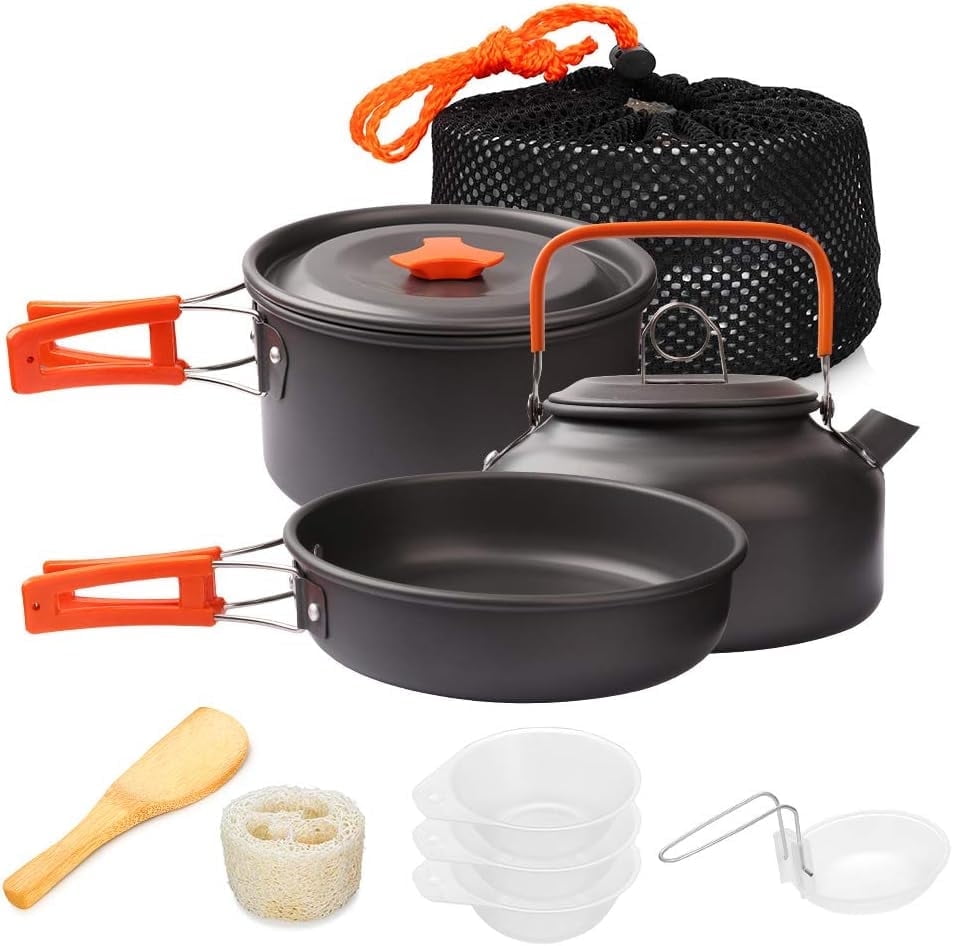 XMZHOU Camping Cookware Set Camping Gear Non-Stick Cooking Equipment Lightweight Stackable Pot Pan Bowls for Outdoor Activities