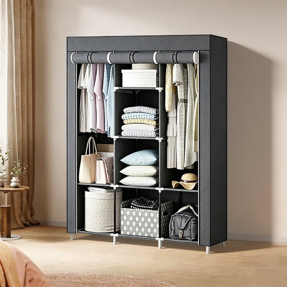 XMZHOU Portable Wardrobe Closet, Multi-functional Space Storage Closet Organizer with Dustproof Fabric Cover, Easy Assembly And Free-standing, Grey