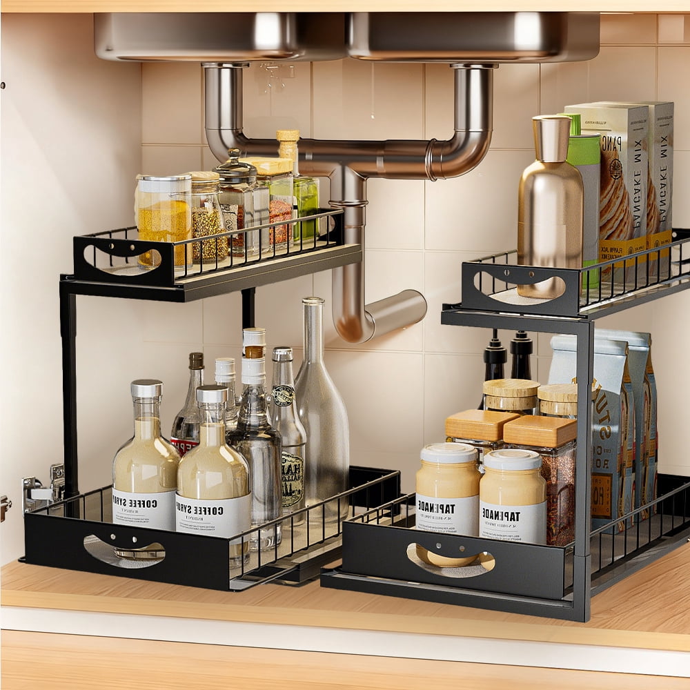 XMZHOU 2 Tiers Kitchen Pull Out Counter Sliding Drawer Shelf, Bathroom Under Sink Organizer, Sturdy And Solid Cabinet Storage For Kitchen Bathroom Home, Black