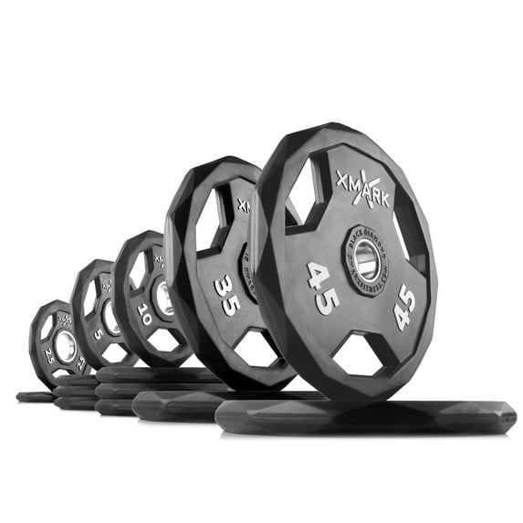 XMark Black Diamond 225 lb Set Olympic Weight Plates, One-Year Warranty, Patented Design