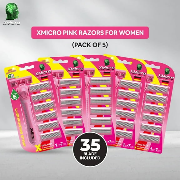 XMicro Pink Razors German Stainless Steel Vitamin E, Aloe (5 Pack) 35 Pieces