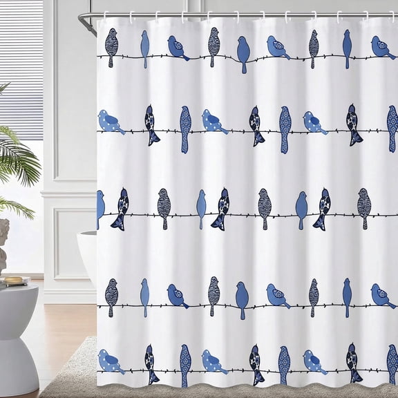 XNB Rowley Birds Animal Print Shower Curtain with Hooks,36" x 70", Blue/White, Single