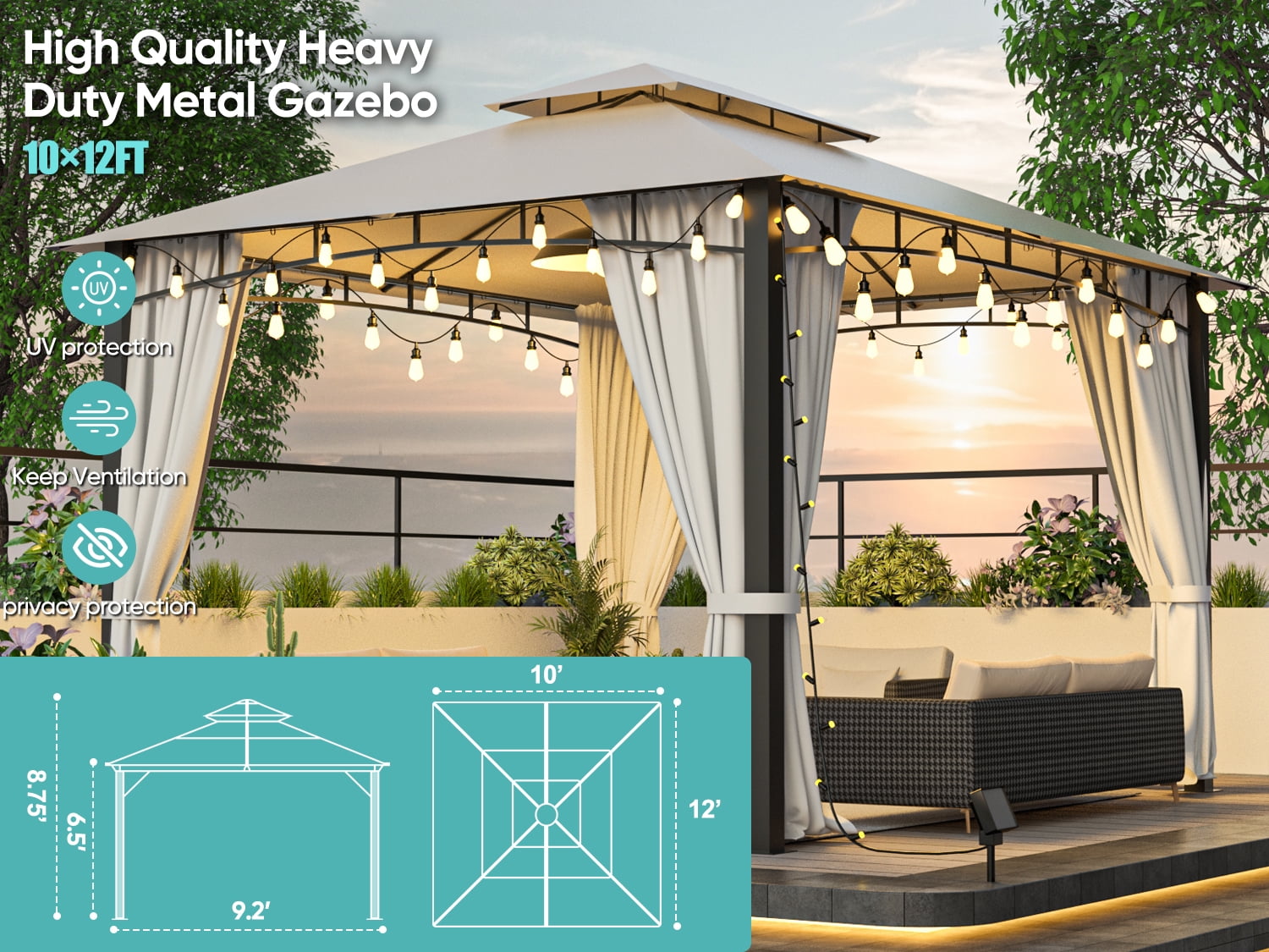 XNGGNG Deluxe Softtop Metal Grill Gazebo with Mosquito Netting 10x12 Size Heavy Duty Double