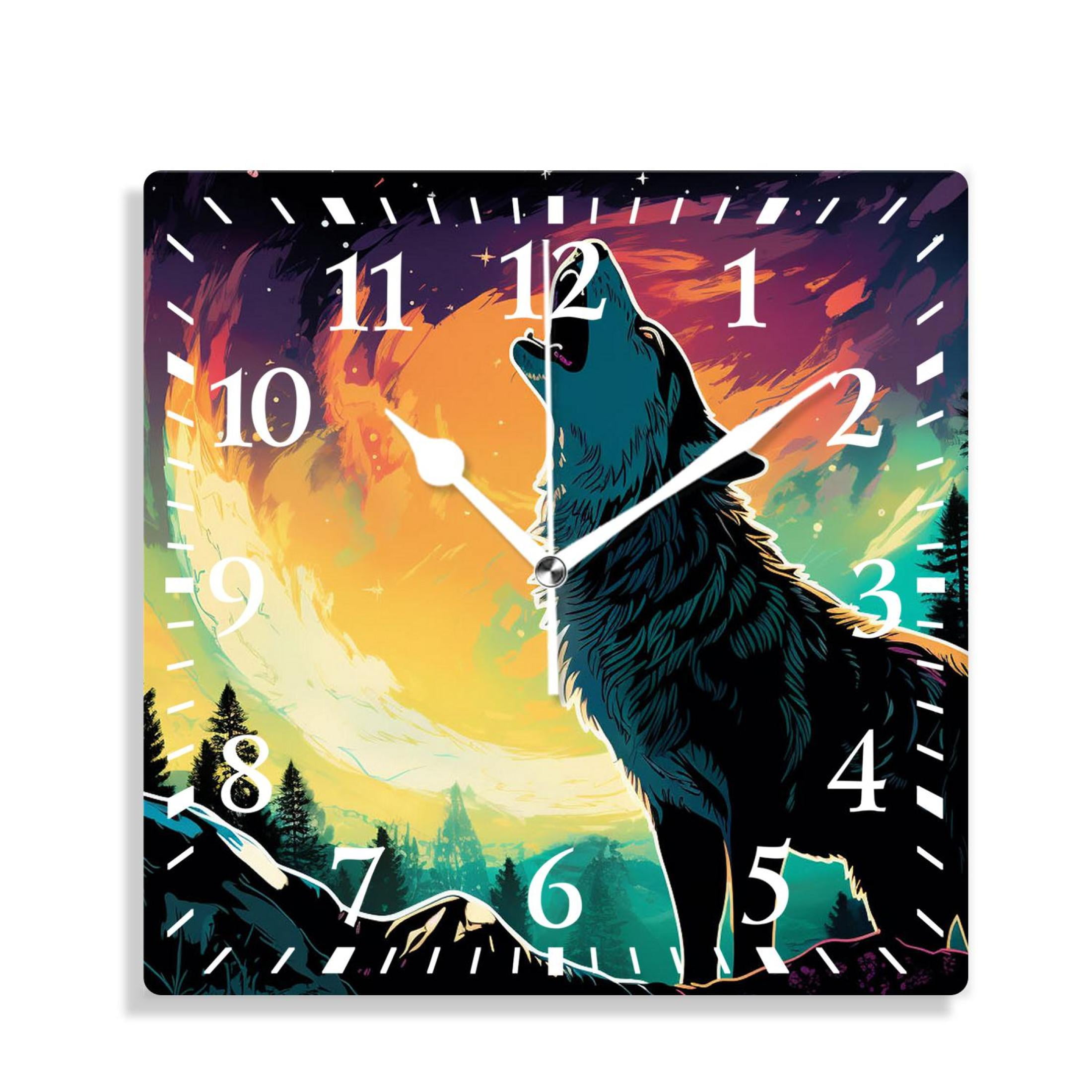 XNSJVGB 14 inch Square Wall Clock,Wolf Howling Moon with Shiny Painting ...