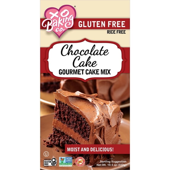 XO Baking Co. Gluten Free Chocolate Cake Gourmet Cake Mix; Non-GMO; Kosher; Rice Free; Soy Free; Dairy Free; Peanut Free; No Preservatives; No Artificial Flavors or Colors, 19.5oz