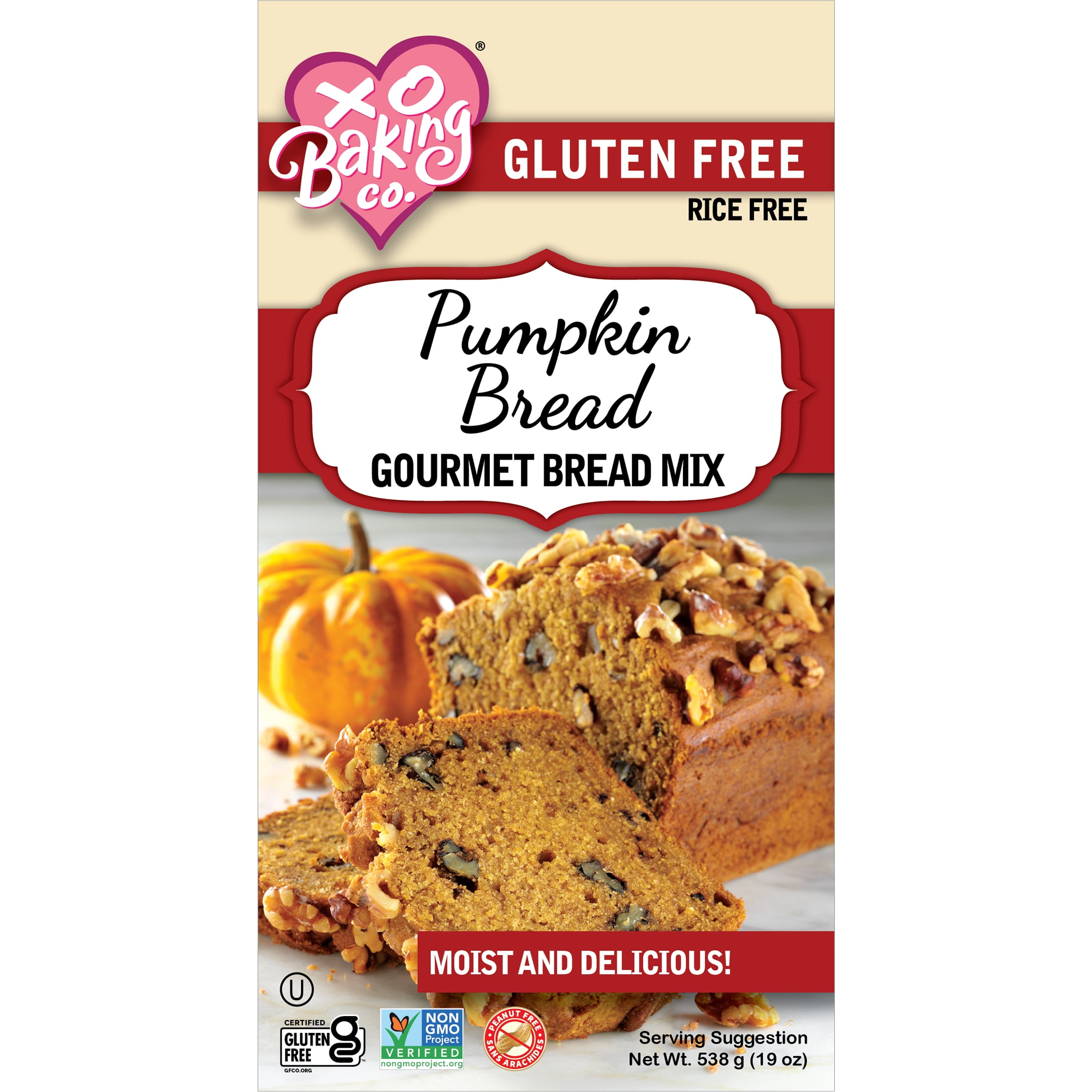 XO Baking Co. Gluten Free Gourmet Pumpkin Bread Mix; Non GMO; Kosher; Rice Free; Dairy Free, Peanut Free; Soy Free, No Preservatives; No Artificial Flavors or Colors, 19oz