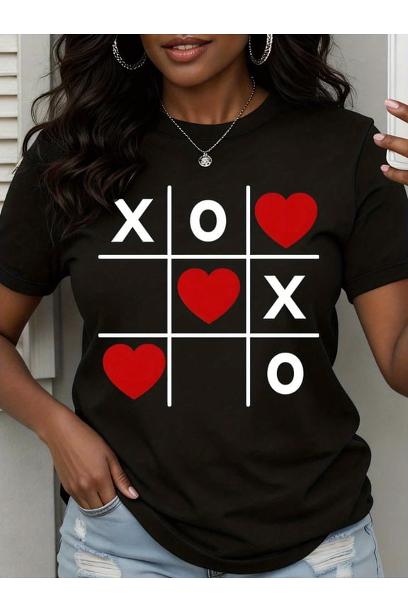 XO Hearts Love Game Graphic Women Casual Short Sleeve T-Shirt