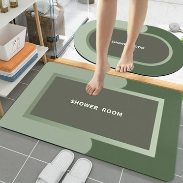 XOAIHY 2 Pieces Rubber Non-Slip Quick Dry Bathroom Rugs Super Absorbent Thin Bath Mat Fit Under Door, Fashion Washable Oval&Square Bathroom Floor Rugs for Bathroom, Bathtub, Shower and Sink(Green)