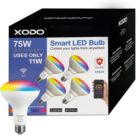 XODO Flood Light Bulbs, 900 Lumen Multicolor Smart LED Light Bulbs with Voice Control, 11-Watts, 4-Pack