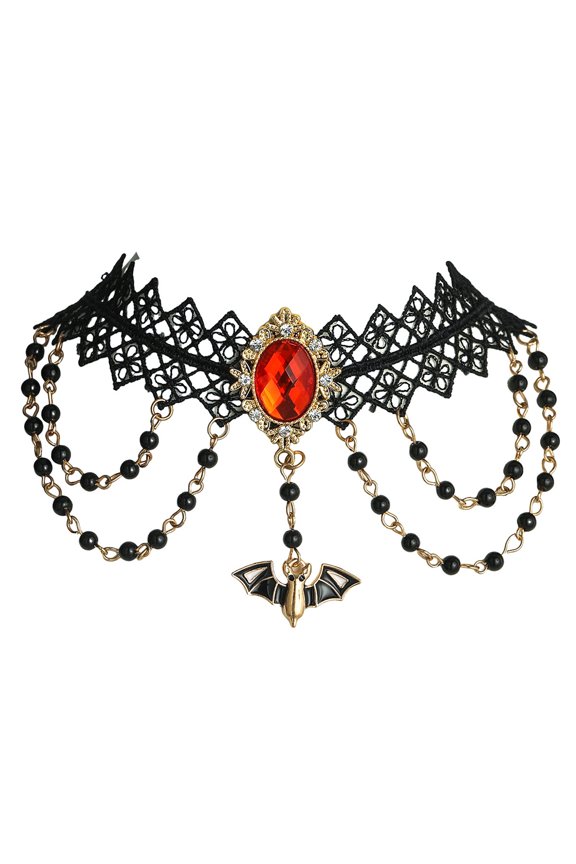 Bat Lace Choker Necklace - Adjustable 8-20in Gothic Collar Chain with Crystal Pendant - Women's Halloween Fashion Jewelry (0.06lb) - Black Vampire Style Neck Piece