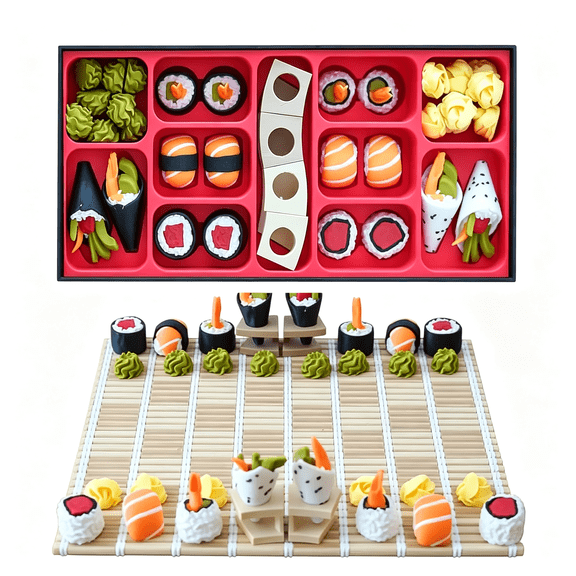 XOFJVB Sushi Chess Set with 3D Printed Sushi Themed Pieces,Bento Box Storage Case and Roll-Up Sushi-Themed Chess Board,Portable Strategy Game,Novelty Gift for Chess Lovers and Foodies