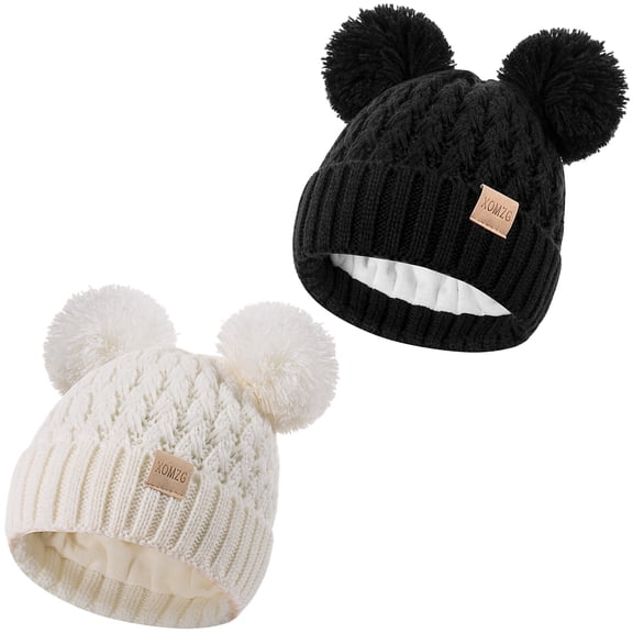 XOMZG Baby Kids Fleece Lined Double Pom Pom Toddler Beanies, Warm Bear Ear Winter Hats for Baby Boys Girls-2 pack