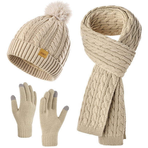 XOMZG Winter Women's Scarf, Beanie & Gloves Set, Warm Touchscreen, Long Neck Wrap, Oatmeal