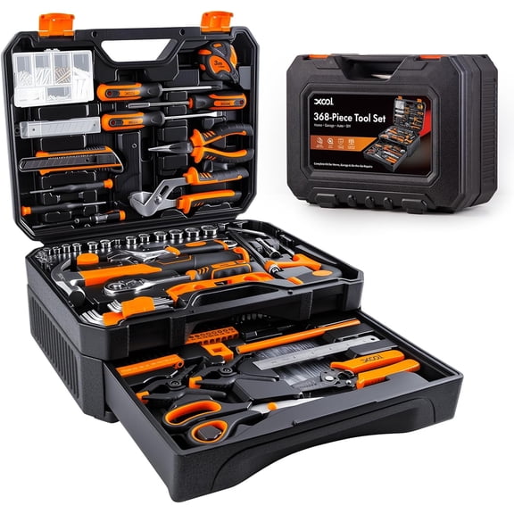 XOOL 368 Piece Home Repair Tool Kit with Drawer Toolbox, Includes Hammer, Pliers, Screwdrivers, Wrench, Tape Measure & More for Home Repair, Apartment, Office, Garage and DIY Projects