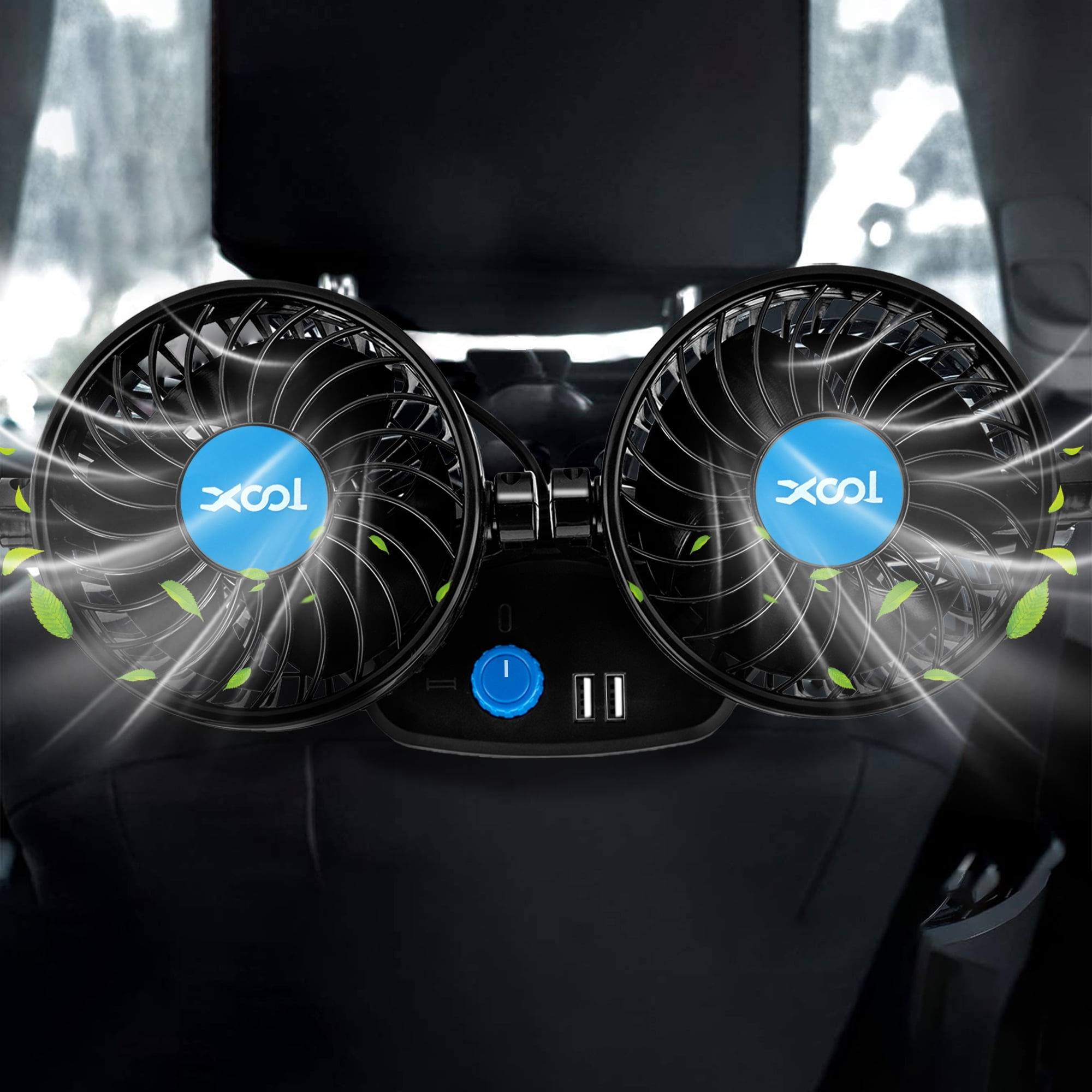 Car Fan, Electric Car Fan for Rear Seat Passenger Portable 360 Degree 12V Cooling Air Fan for SUV, RV, Vehicle (2 USB Charging Ports)