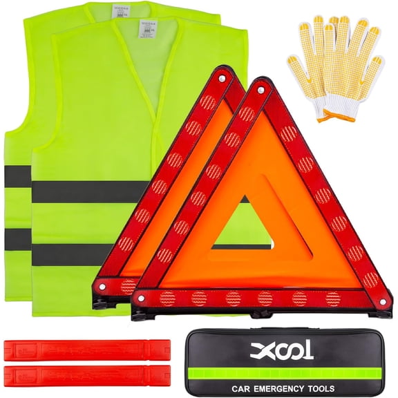 XOOL Emergency Warning Triangle Kit  Roadside Safety Kit with Reflective Warning Triangles, High-Visibility Safety Vests, Storage Bag & Gloves for Car Breakdowns & Emergencies