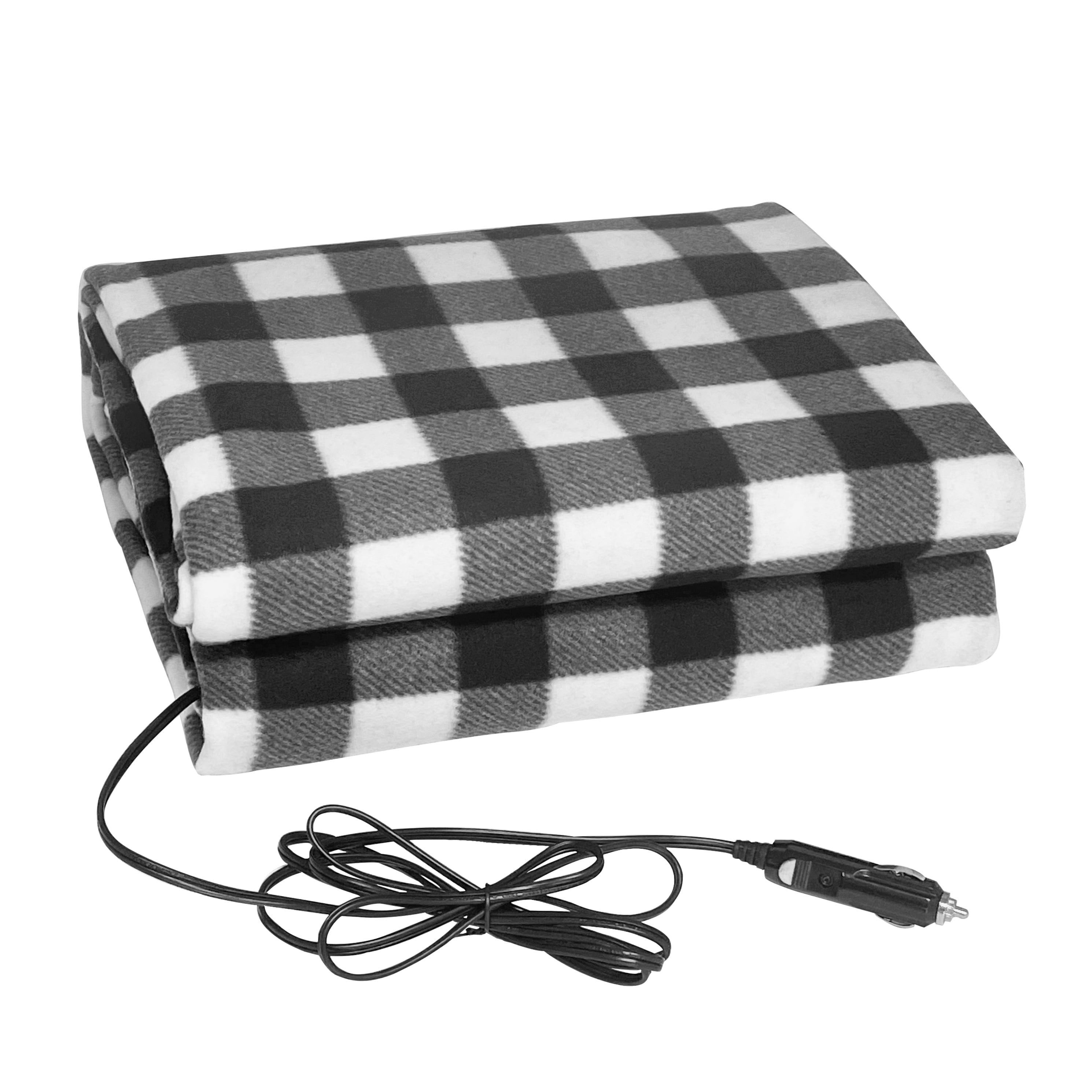 Stalwart Electric Car Blanket Heated 12V Polar Fleece Travel Throw for Truck and RV Black and White